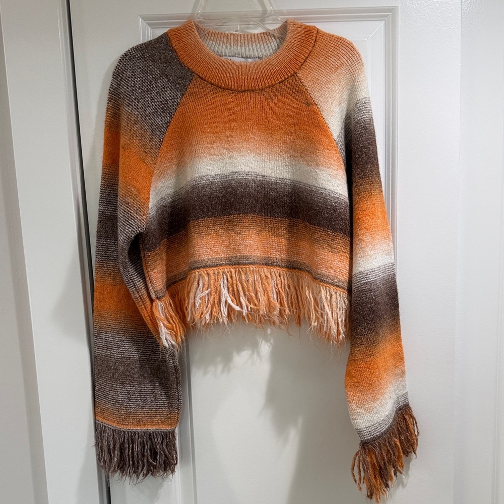 Zara Orange and Brown Striped Fringe Sweater